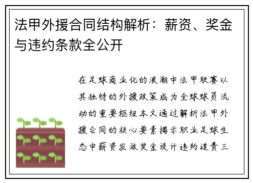 法甲外援合同结构解析：薪资、奖金与违约条款全公开